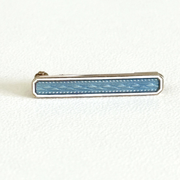 Antique 14K Yellow Gold Blue Guilloche Enamel Detail Small Petite Bar Brooch Pin - Picture 1 of 13
